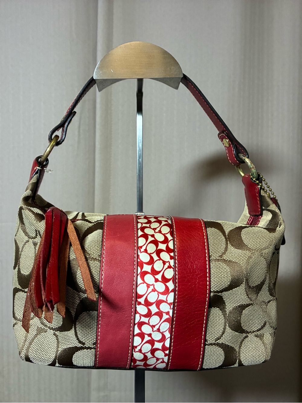 Coach Beige Signature Canvas Shoulder Bag with Red Leather Trim